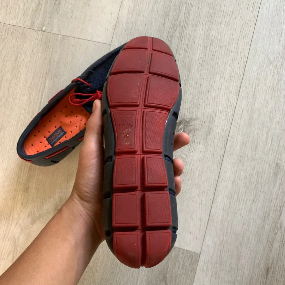 Swims Mens Braided Lace Loafer Navy Blue Red Rubber Mesh Boat Shoes Size 9